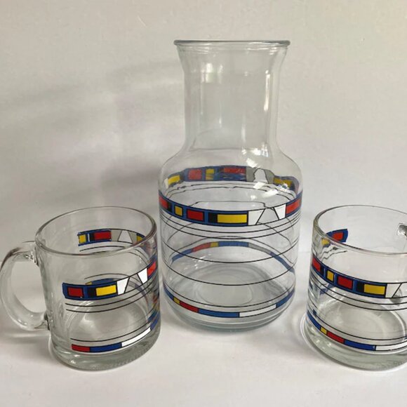 Vintage 1990s Glass Iced Coffee Carafe with 2 Matching Mugs De Stijl Style - Picture 1 of 7